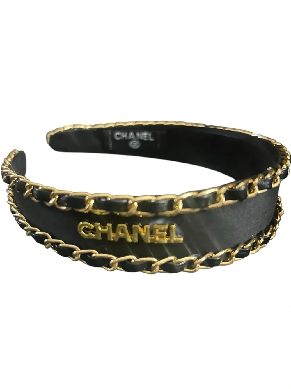 Black Leather Headband with Gold Chain Trim/Fashion Accessories